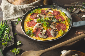 Homemade delish egg omelette with salami