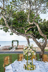 Wedding set up with ocean view. Tropical destination wedding concept