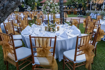 Wedding outdoor table set up. Beautiful garden wedding venue