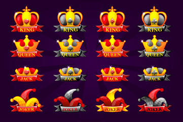 Playing cards icons with crown and ribbon. Poker symbols for casino and GUI graphic. King, queen, jack, ace and joker. Vector collection set objects on separate layers.