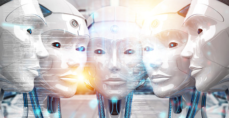 Group of female robots heads using digital hologram screens 3d rendering