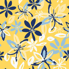 Dynamic layered floral seamless pattern in yellow, blue and white. Painted and drawn modern flowers and abstract petals, great for textiles, stationery,  invitations and home decor. Vector.