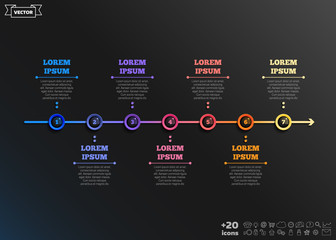 Timeline infographics design with colorful circles on the black background. Business concept. 7 options, parts, steps. Can be used for graph, diagram, chart, workflow layout, number options, web.