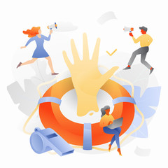 Fototapeta premium Tiny Liveguards Around Lifesaver and Hand
