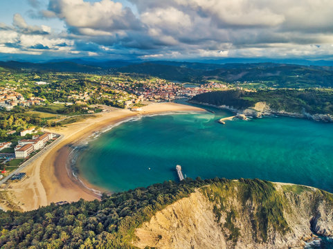 Aerial view of coast and beach in Gorliz, Basque country, Spain.