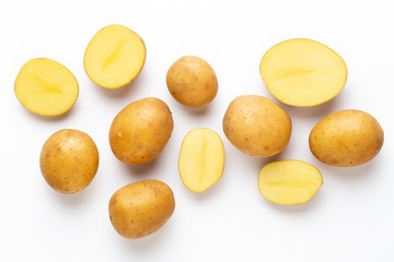 Potatoes isolated on white background. Flat lay. Top view.