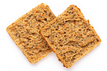 Rye bread slice on a white background.