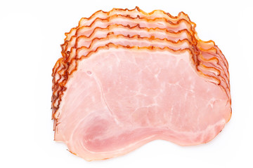 Sliced boiled ham sausage isolated on white background, top view.