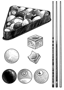 Billiard ball, cue, chalk illustration, drawing, engraving, ink, line art, vector