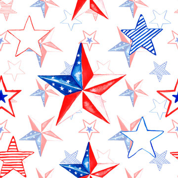 Watercolor memorial day seamless pattern with hand painted red, white and blue stars. Festive 4th of july repeat background.