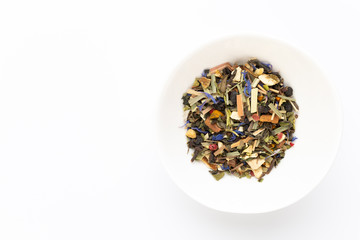 Herbal tea on a white background. Top view.