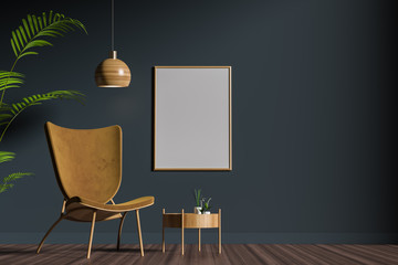 Mock up poster frame in scandinavian style interior. Minimalist interior design. 3D illustration.