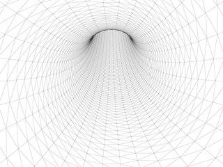 Wireframed hole. Vector abstract digital background. 3D tunnel grid. Wireframe 3D surface tunnel. Grid texture