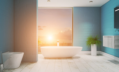 Naklejka na ściany i meble Bathroom in turquoise tones. Room with large windows. Modern design.. 3D rendering. Sunset.
