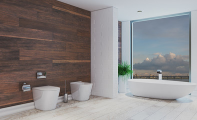 Fototapeta na wymiar Bathroom with a large window in brown tones. Modern design.. 3D rendering