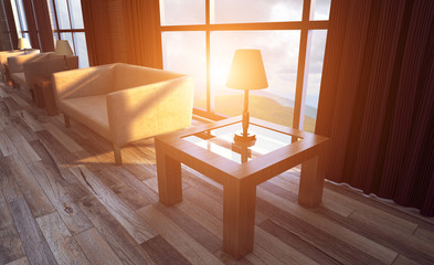 View of soft leather furniture in the hotel lobby. Reception Business background.. Sunset. 3D...