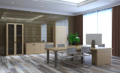 modern office with wooden walls and a large window. business background. 3D rendering.