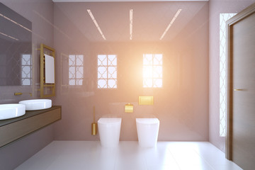 View of the sink, toilet and bidet in a large modern bathroom with brown doors.. Sunset. 3D rendering