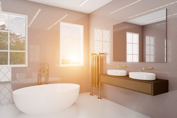 Fototapeta na wymiar Bathroom with large windows and decorative purple tiles. Golden plumbing.. Sunset. 3D rendering