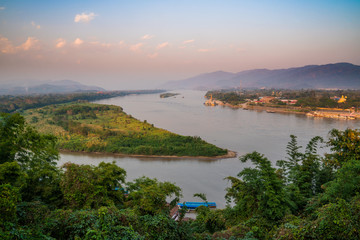 Golden Triangle island and river view from Thailand border overlooking Laos and Myanmar