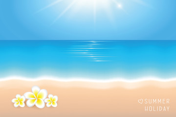 Fototapeta na wymiar sunny day on the beach summer holiday background with frangipani tropical flowers vector illustration EPS10