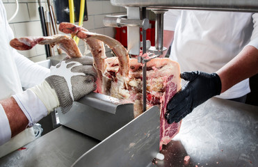 Raw dry aged wagyu porterhouse steak before cut up as closeup at the bench band saw