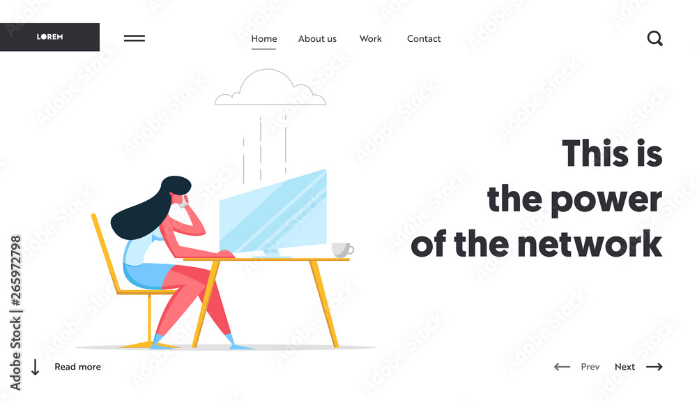 Poster cloud computing technologies concept landing page. woman character working with computer using wirel