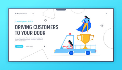 Businesswoman Character Super Hero with Golden Prize Landing Page. Woman Winner with Cup. Career Growth Leadership Concept Banner, Business Achievement Website. Vector flat illustration