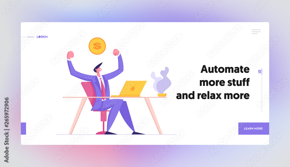 Poster happy man character working with laptop landing page. male developer coding, developing software on 