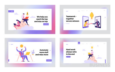 Business Partnership Landing Page Set. Man and Woman Handshaking Through Smartphone. Goal Achievement with Businessman Working with Laptop on the Peak Banner, Website. Vector flat illustration