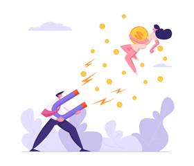 Businessman Character Attract Money Cash with Big Magnet. Man Sucking from Businesswoman with Magnetism. Business Strategy Profit Concept. Vector flat cartoon illustration