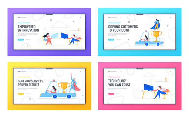 Cloud Computing Technology Landing Page Template. Business Character with Golden Cup Concept. Businessman with Prize Banner Website. Vector flat illustration