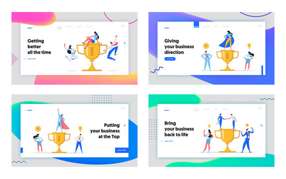 Business Team with Winner Golden Cup Landing Page Set. People Characters Celebrating Victory with Prize. Teamwork Leadership Achievement Banner, Concept, Website. Vector flat illustration