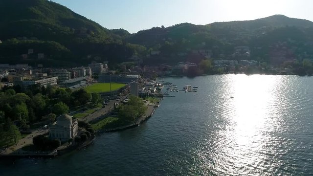 Alessandro Volta's Temple and Como War Memorial, city of Como in Italy. Aerial view