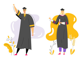 Graduating Students with Diploma. Man and Woman Characters Graduation Education Concept. University Student College Graduate. Vector flat cartoon illustration
