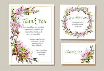 Fototapeta na wymiar A set of vector maps with pink roses and green leaves. Vector illustration. Decorative invitation to the holiday. Wedding, birthday. Universal card.