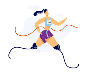 Disabled Woman Character Running. Female Runner with Prosthesis. Paralympic Athlete Runs Marathon. Disability Sport Concept. Vector flat cartoon illustration