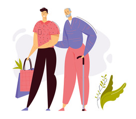 Young Man Helps Elder Senior with Shopping. Social Worker with Old Man Character. Elderly Concept Health Care Assistance. Vector flat cartoon illustration