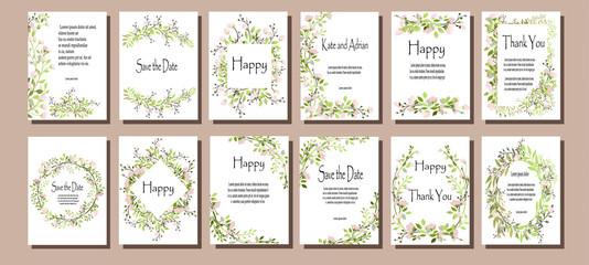 A set of greeting cards with flowers, leaves. Vector illustration. Decorative invitation for the holiday. Wedding, birthday. Universal cards. Pink flowers and decorative leaves.