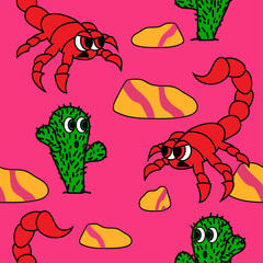 cute cactus and angry scorpion in dessert. seamless vector pattern
