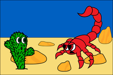 cute cactus and angry scorpion in dessert. stock vector illustration