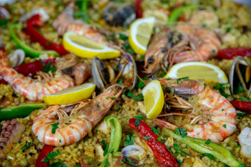 Typical spanish seafood paella closeup