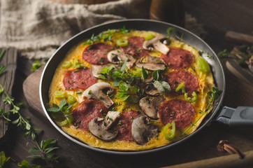 Homemade delish egg omelette with salami