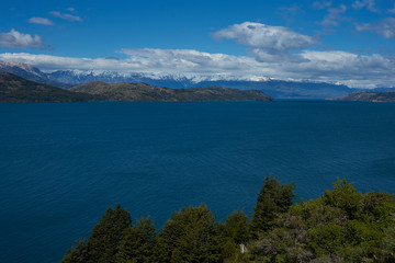 Fototapeta na wymiar Landscape along the Carretera Austral next to the azure blue waters of Lago General Carrera in Patagonia, Chile