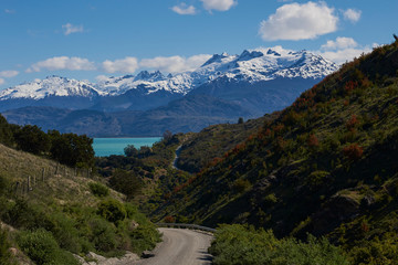 Landscape along the Carretera Austral next to the azure blue waters of Lago General Carrera in Patagonia, Chile