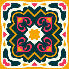 Portuguese tile pattern vector with floral ornaments motifs. Portugal azulejo, mexican talavera, spanish, italian majolica or moroccan ceramic texture for house bathroom wall or kitchen flooring.