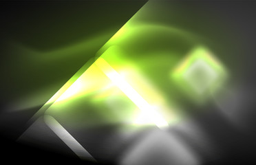 Neon square and line lights on dark background with blurred effects