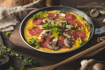 Homemade delish egg omelette with salami