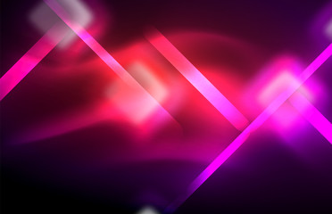 Neon square and line lights on dark background with blurred effects