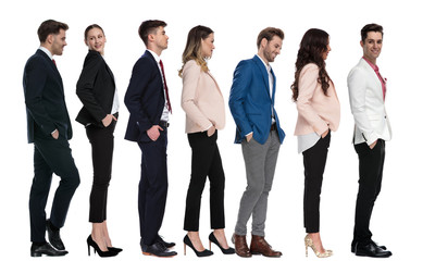 Fototapeta na wymiar seven modern young business people waiting in line
